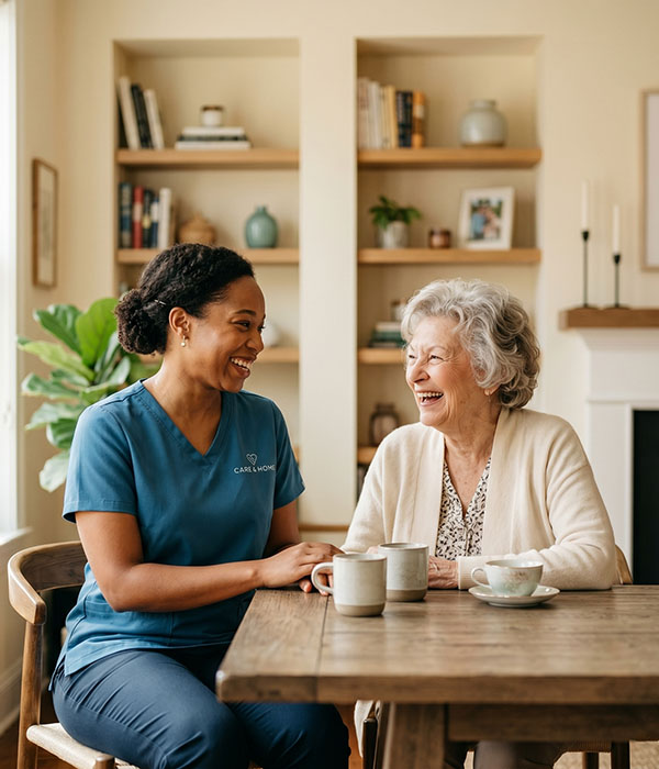 Caregiver with senior client in a warm home setting