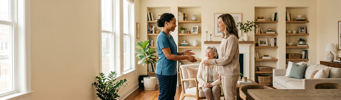 Caregiver with family in a professional home care setting