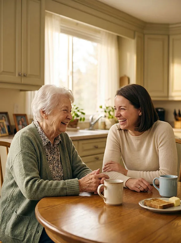 Two women laughing together over morning coffee