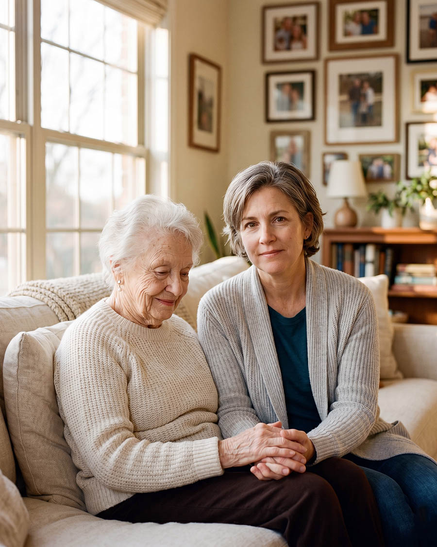 A daughter and her mother share a quiet moment together at home