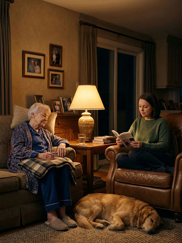 A peaceful evening scene — caregiver present while an elderly woman rests