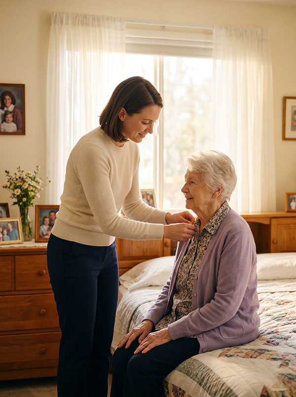 A caregiver helping an elderly woman with her morning routine