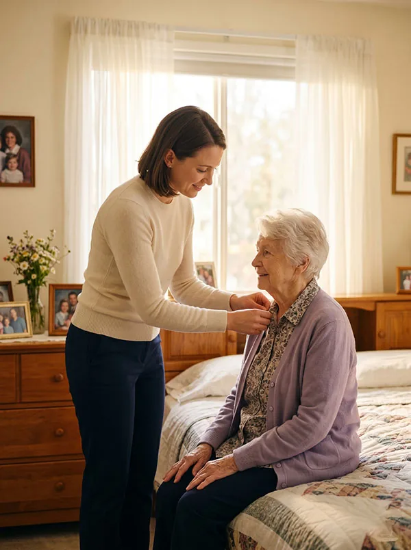 A caregiver helping an elderly woman with her morning routine