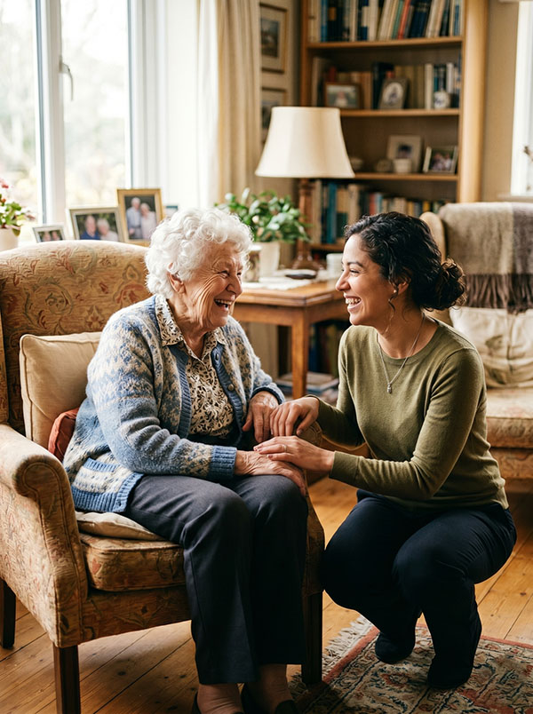 Caregiver and client sharing a warm, trusted moment at home