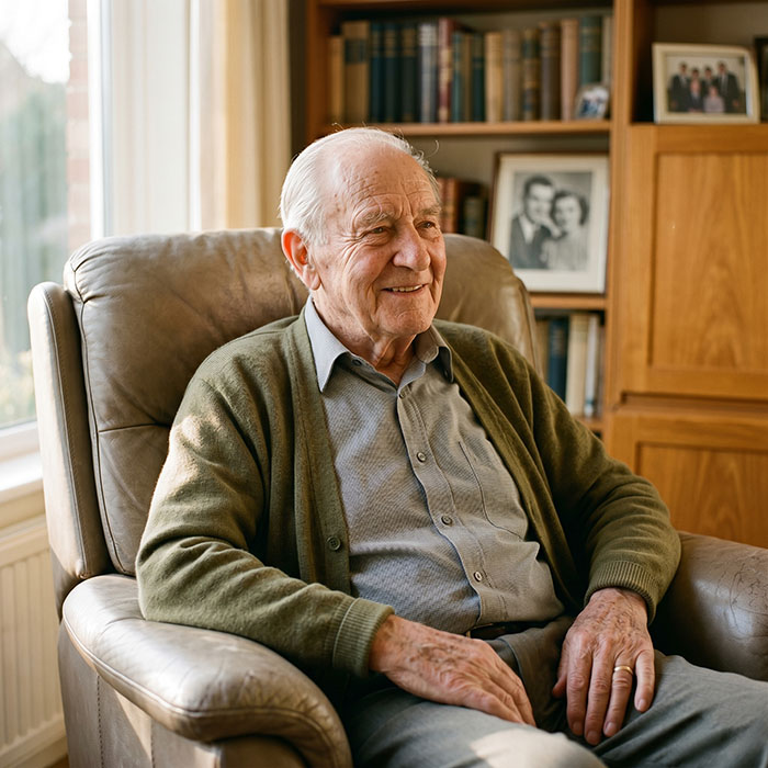 A senior man relaxed and content in his favorite armchair at home