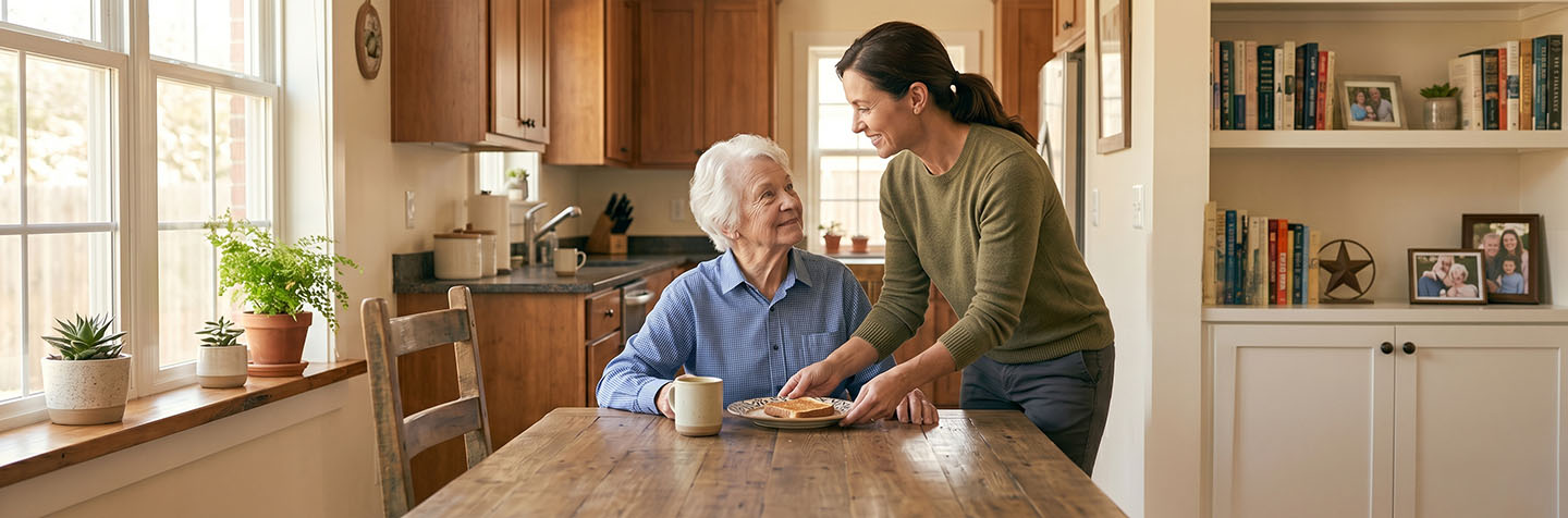 Caregiver helping client with daily activities in a Texas home