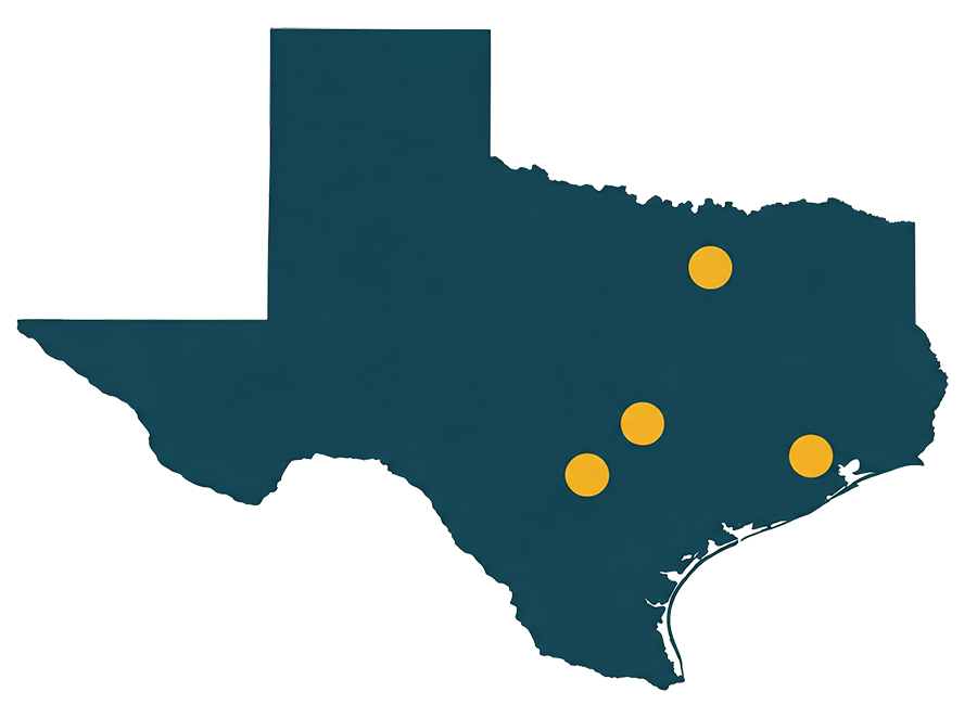 Map of Texas showing BubbieCare service locations in Austin, Houston, Dallas and San Antonio