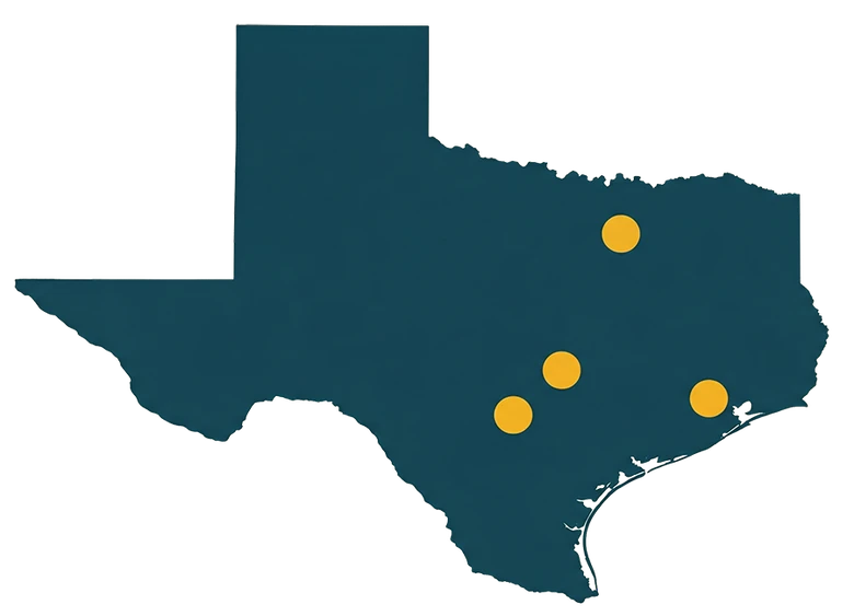 Map of Texas showing BubbieCare service locations in Austin, Houston, Dallas and San Antonio